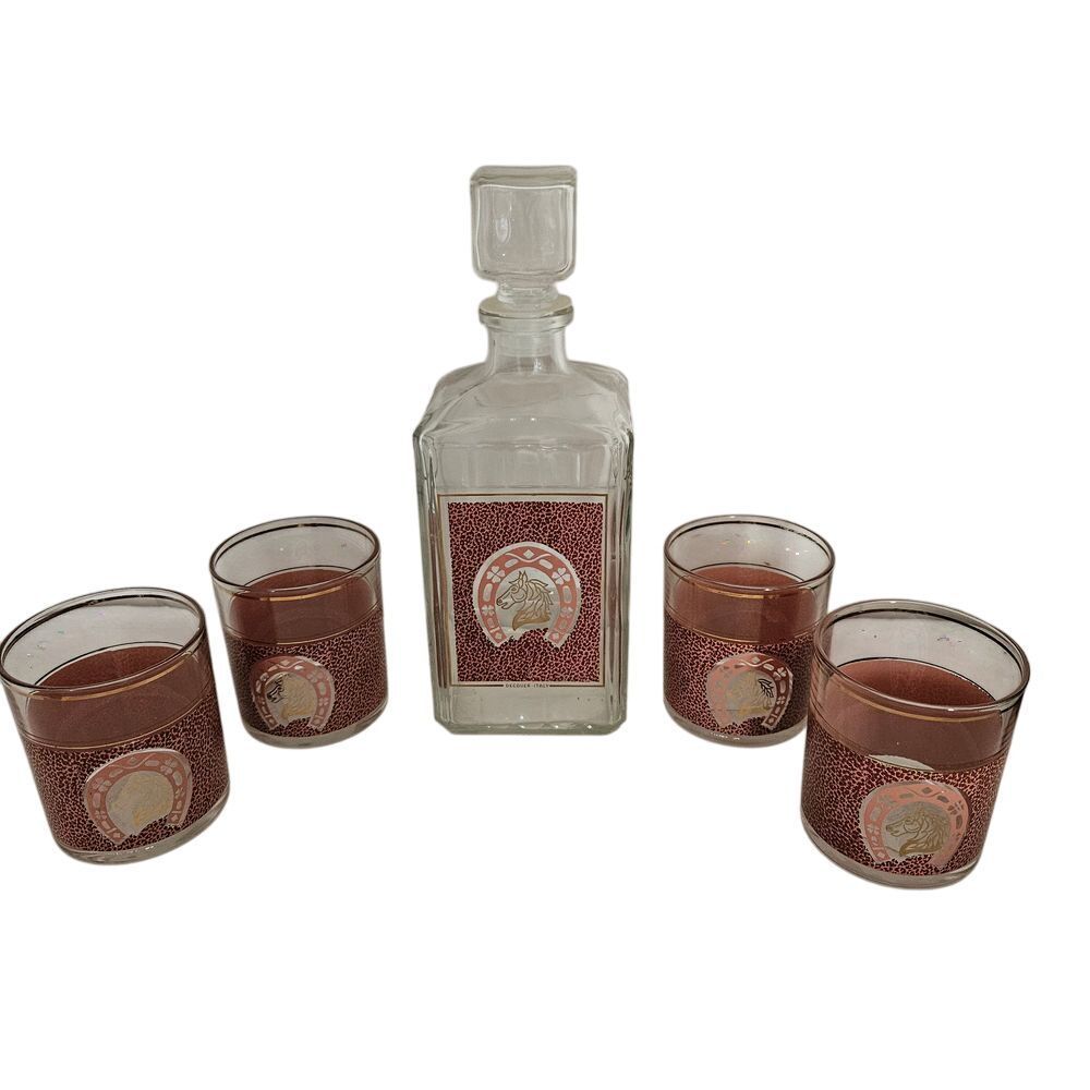Vintage Glass Decanter‎ Set 4 Matching Burgundy Horse Racing Lo Glasses Barware